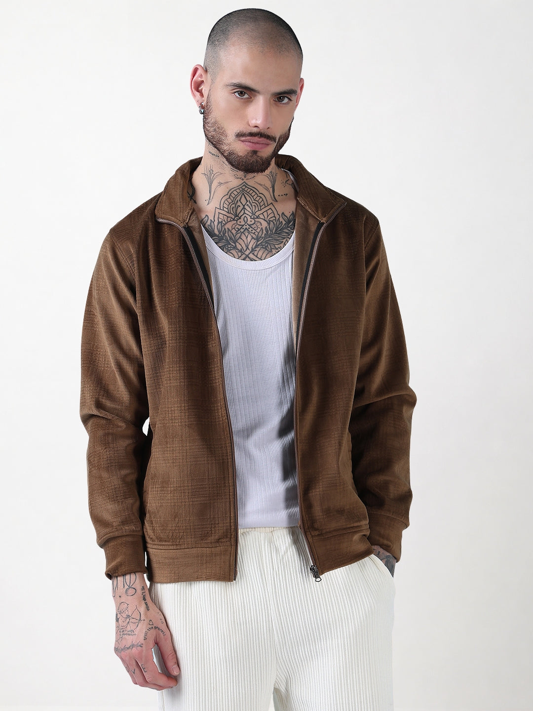 Men's Mock Collar Brown Checked Sporty Jacket