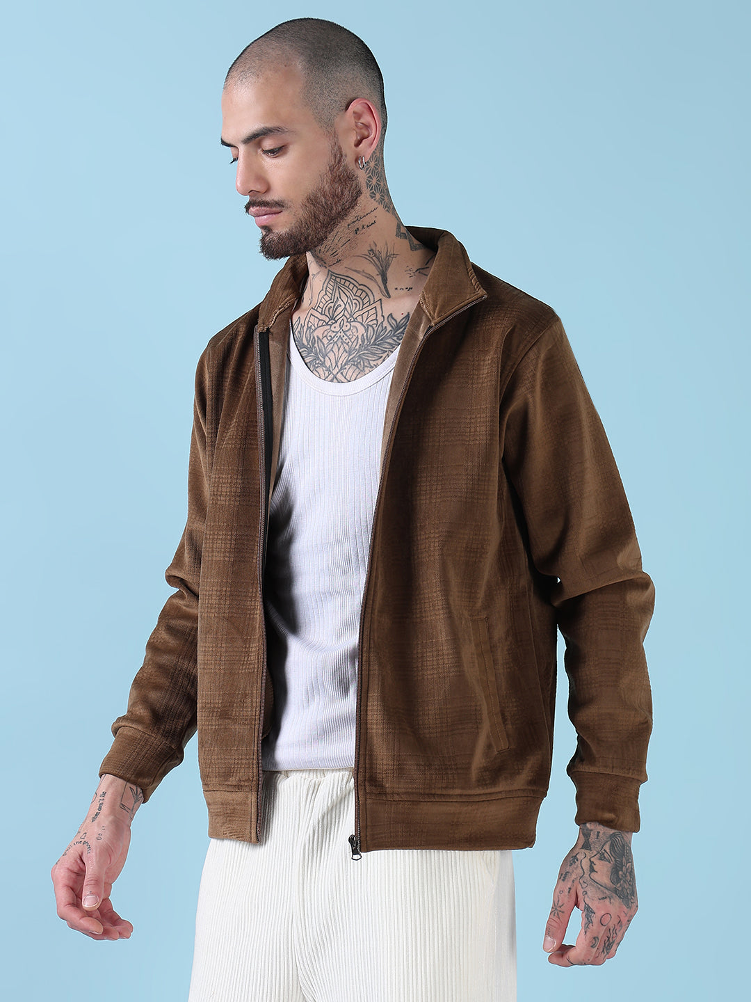 Men's Mock Collar Brown Checked Sporty Jacket