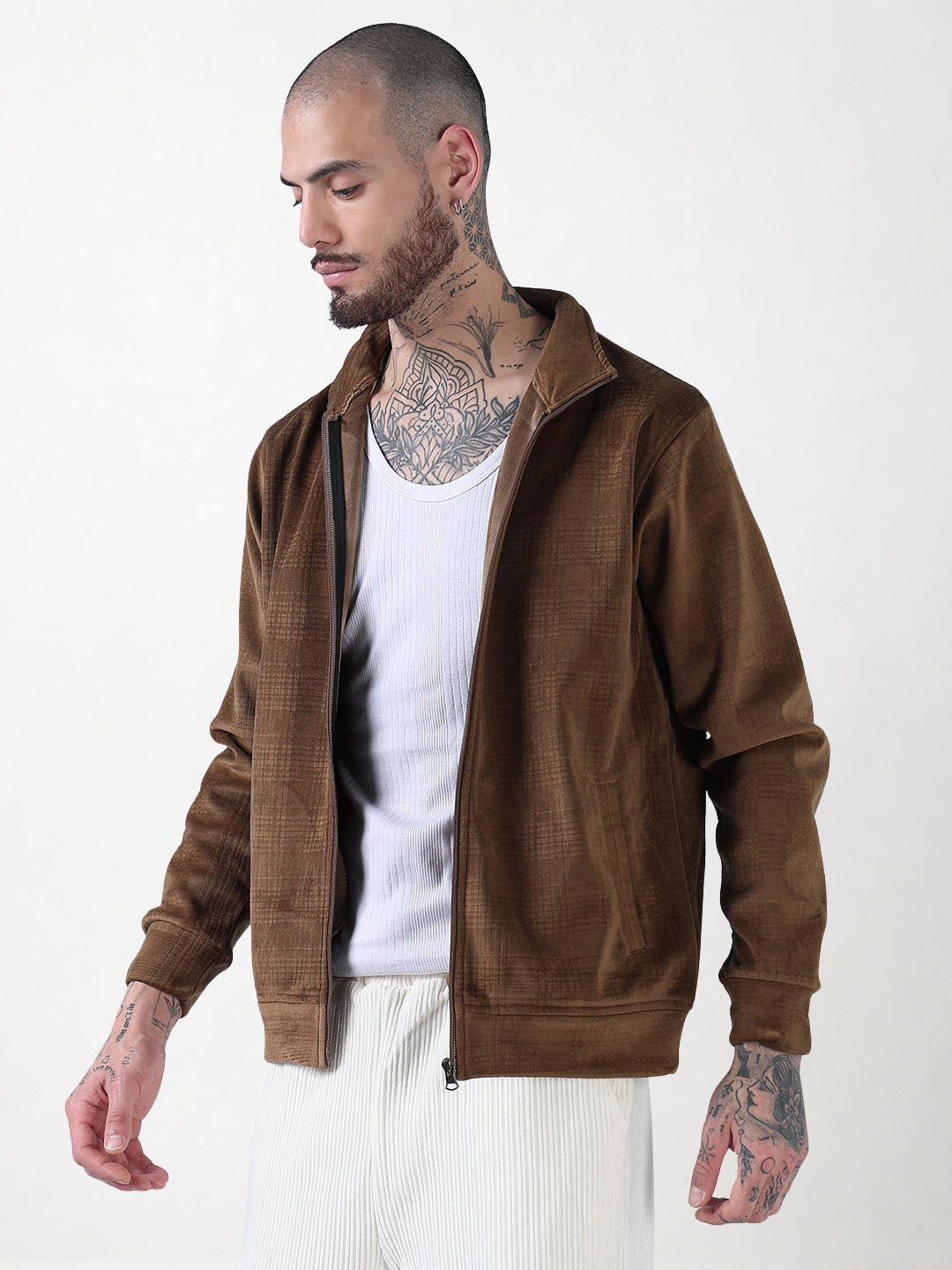 Men's Mock Collar Brown Checked Sporty Jacket