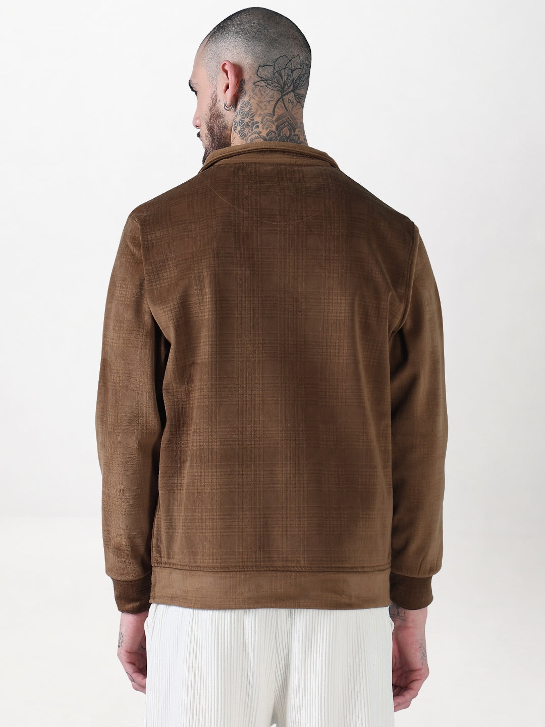 Men's Mock Collar Brown Checked Sporty Jacket
