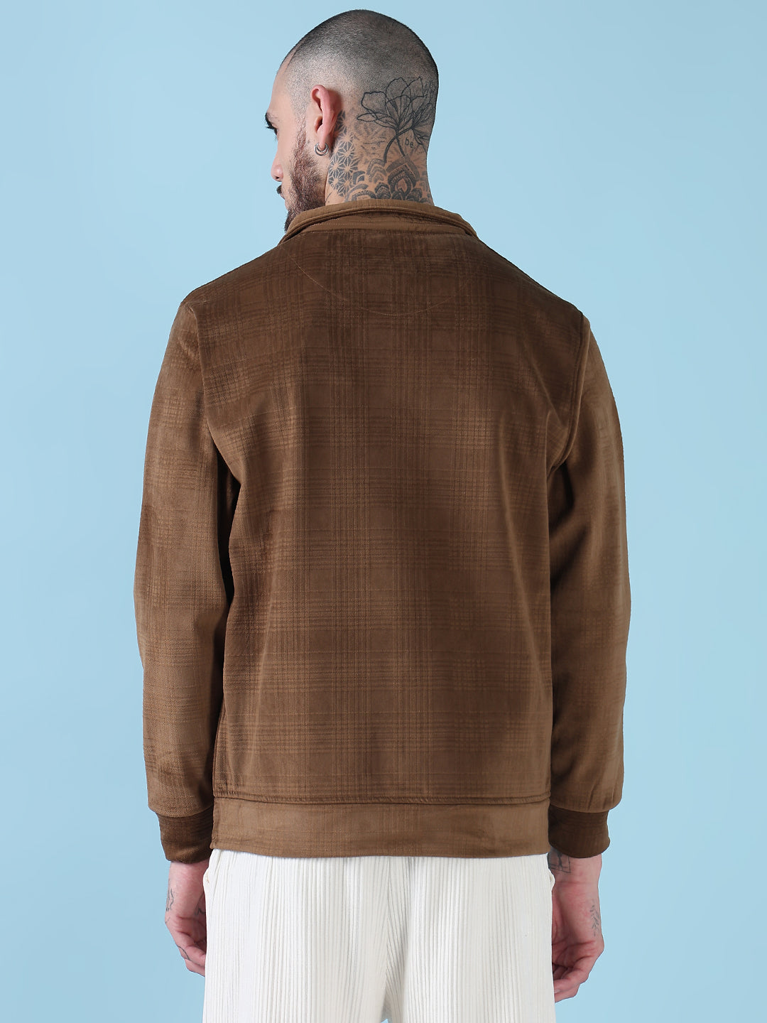 Men's Mock Collar Brown Checked Sporty Jacket