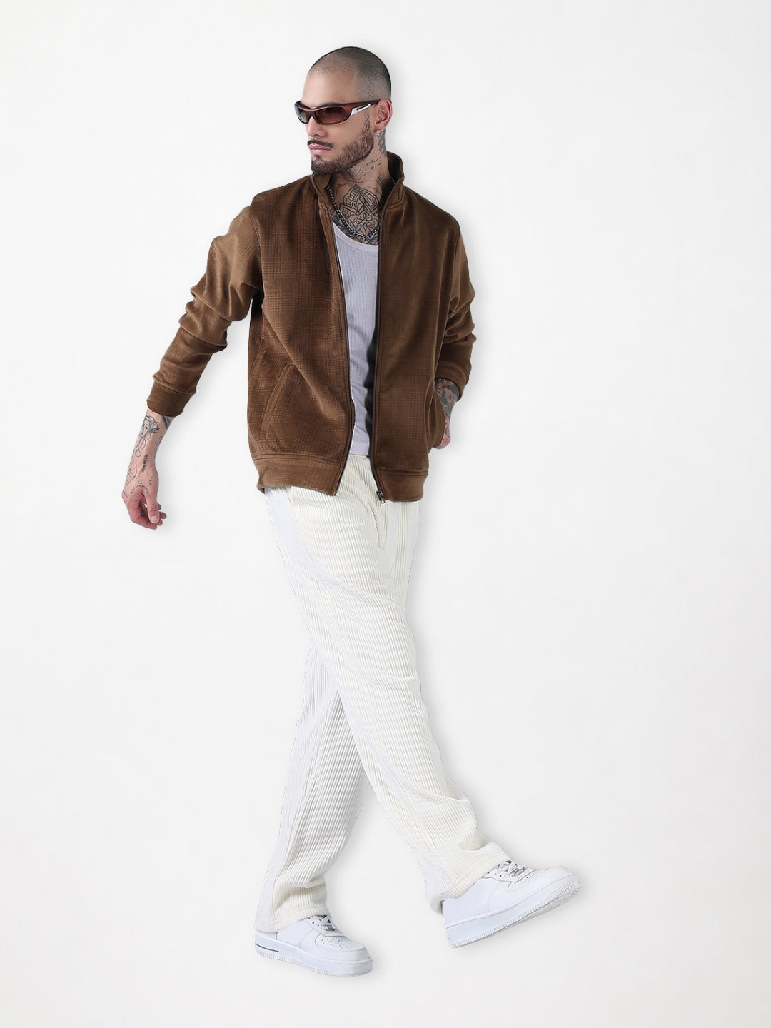 Men's Mock Collar Brown Checked Sporty Jacket