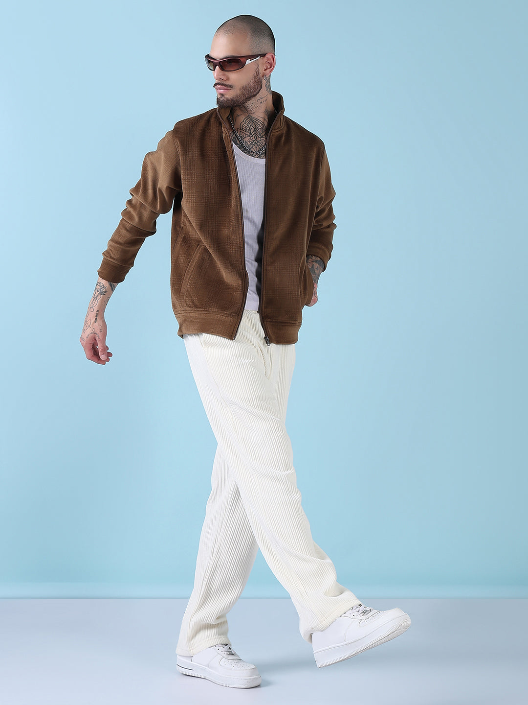 Men's Mock Collar Brown Checked Sporty Jacket