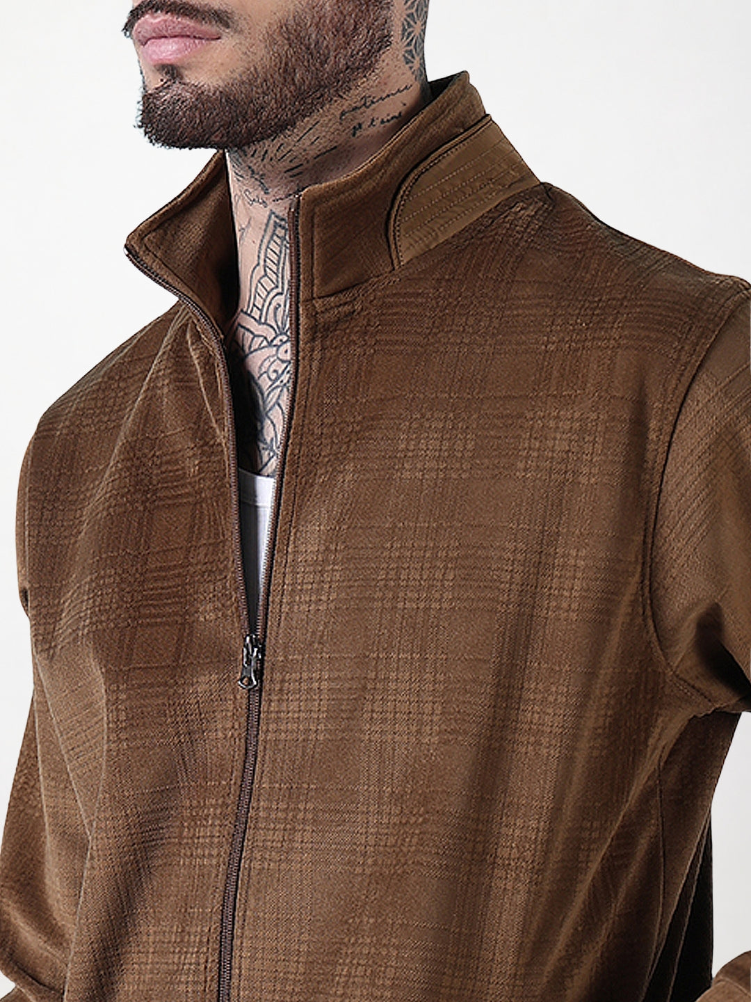 Men's Mock Collar Brown Checked Sporty Jacket
