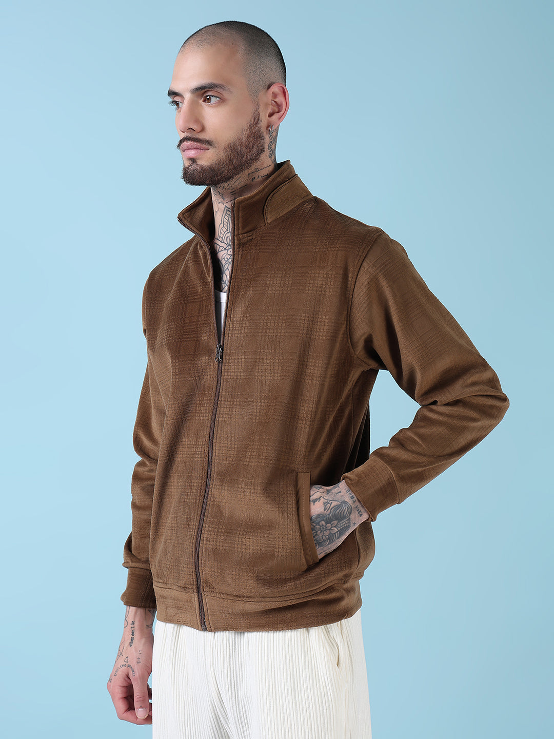 Men's Mock Collar Brown Checked Sporty Jacket