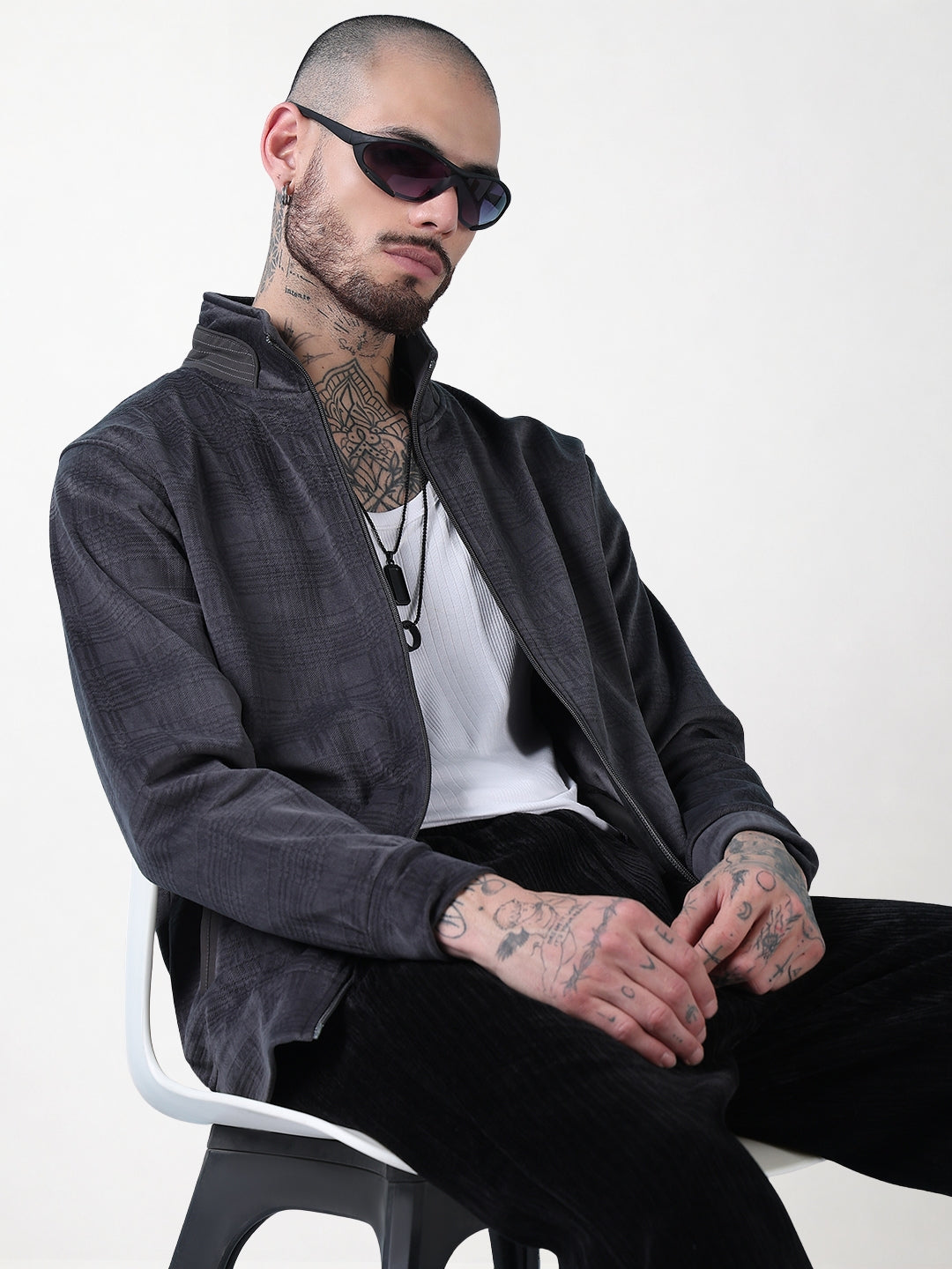 Men's Mock Collar Grey Checked Sporty Jacket