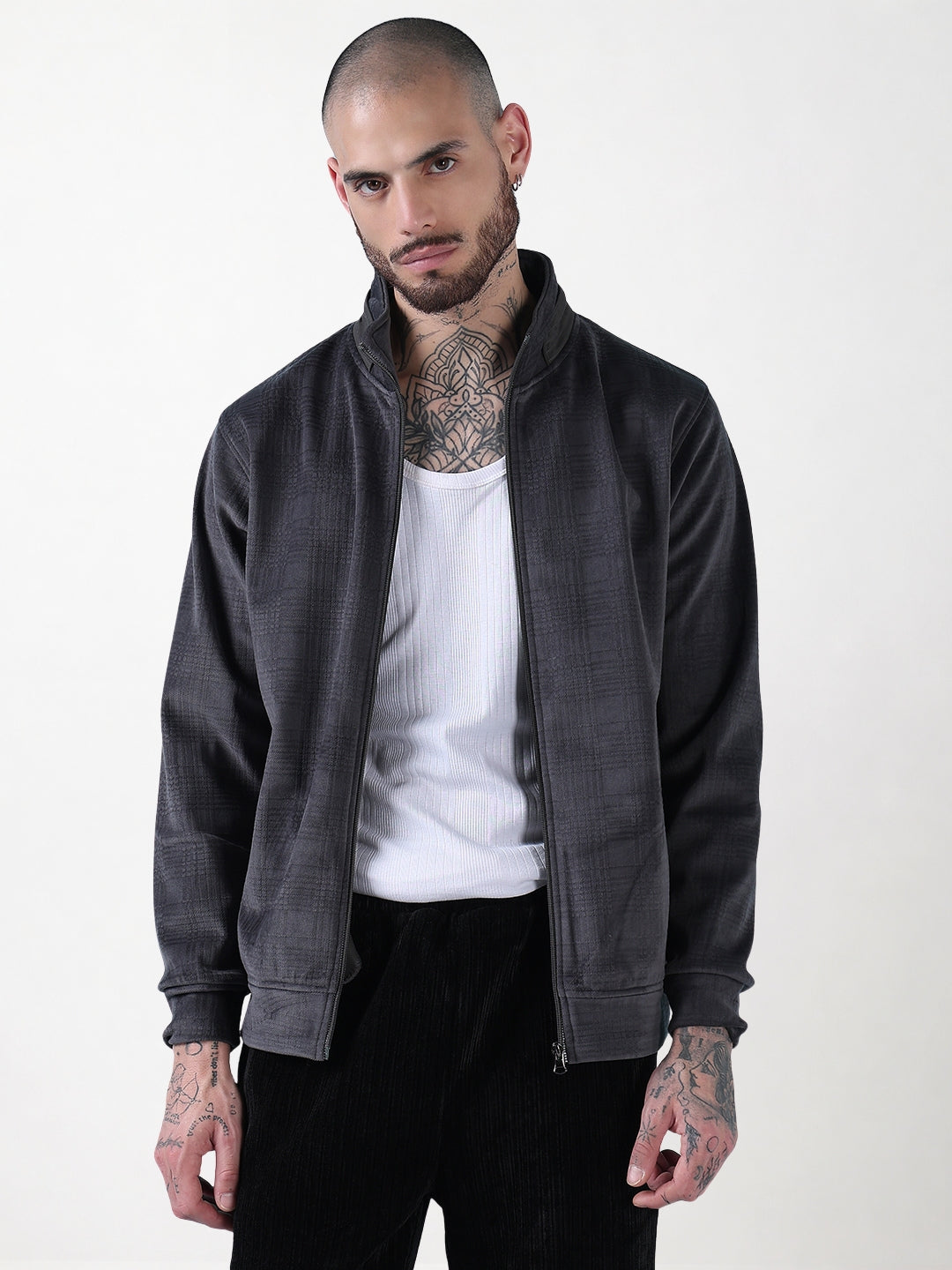 Men's Mock Collar Grey Checked Sporty Jacket