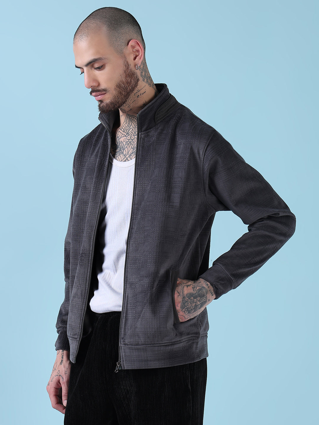 Men's Mock Collar Grey Checked Sporty Jacket