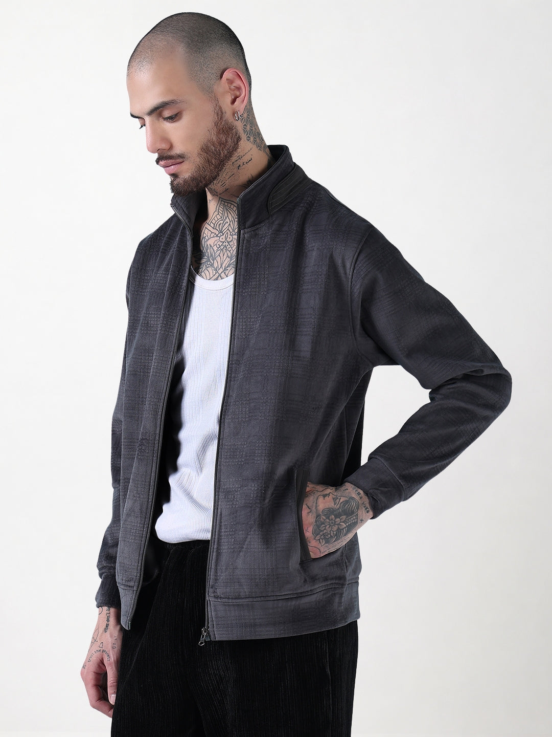 Men's Mock Collar Grey Checked Sporty Jacket