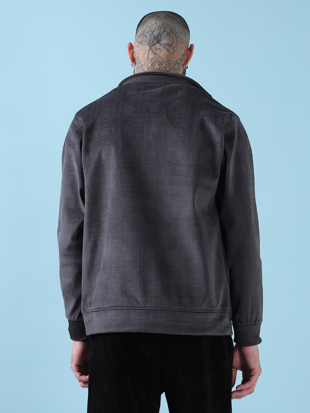 Men's Mock Collar Grey Checked Sporty Jacket