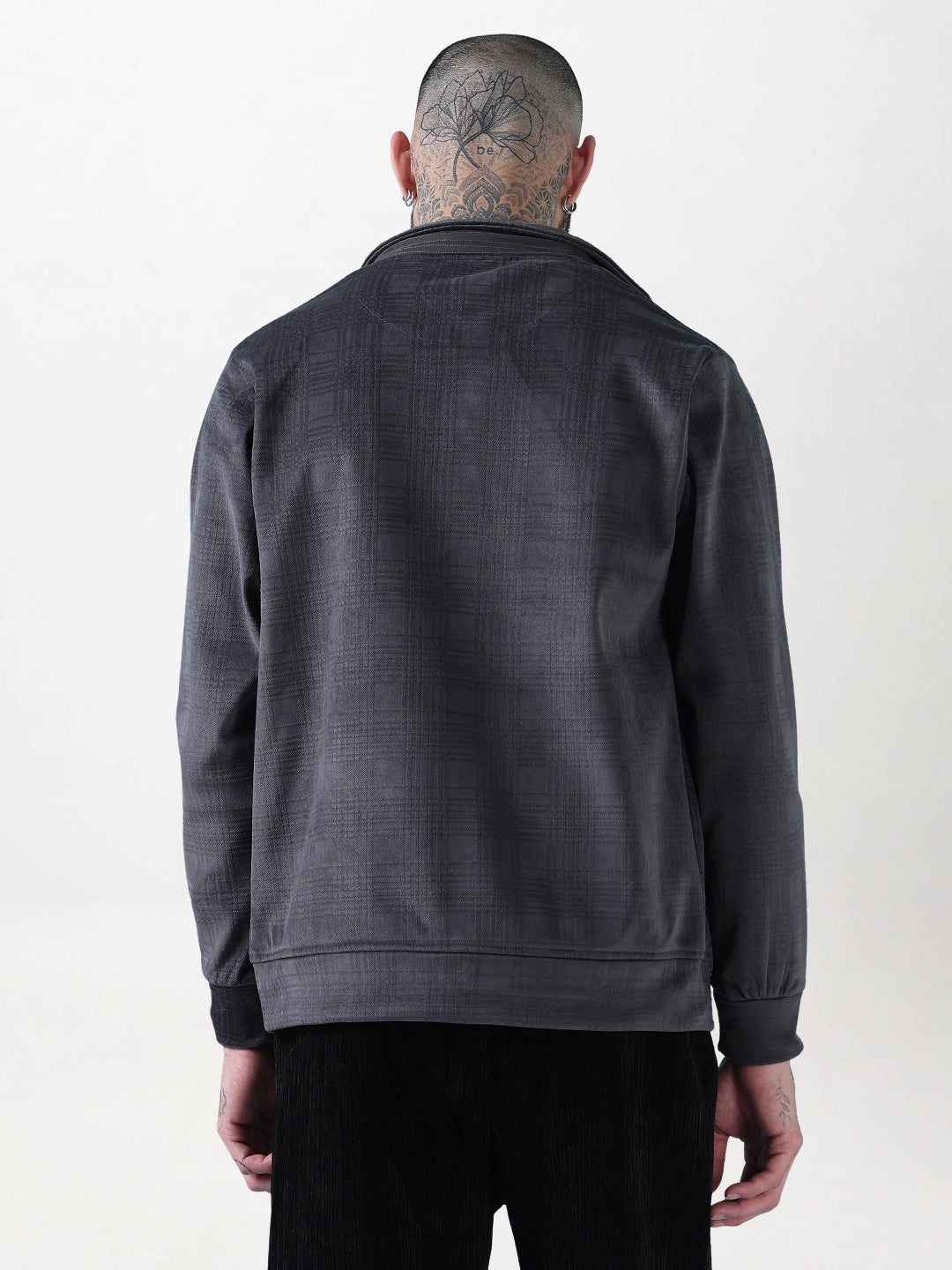 Men's Mock Collar Grey Checked Sporty Jacket