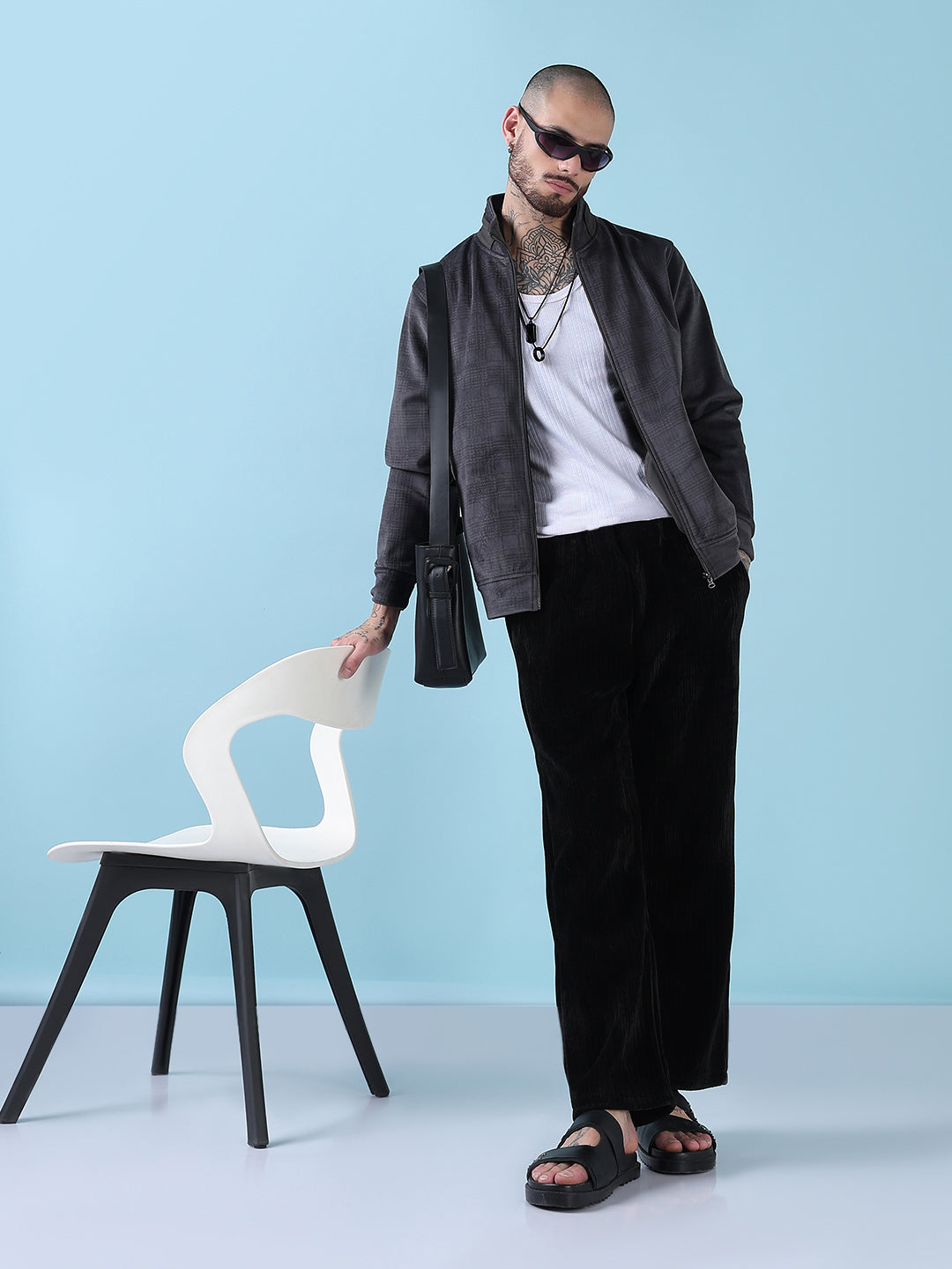 Men's Mock Collar Grey Checked Sporty Jacket