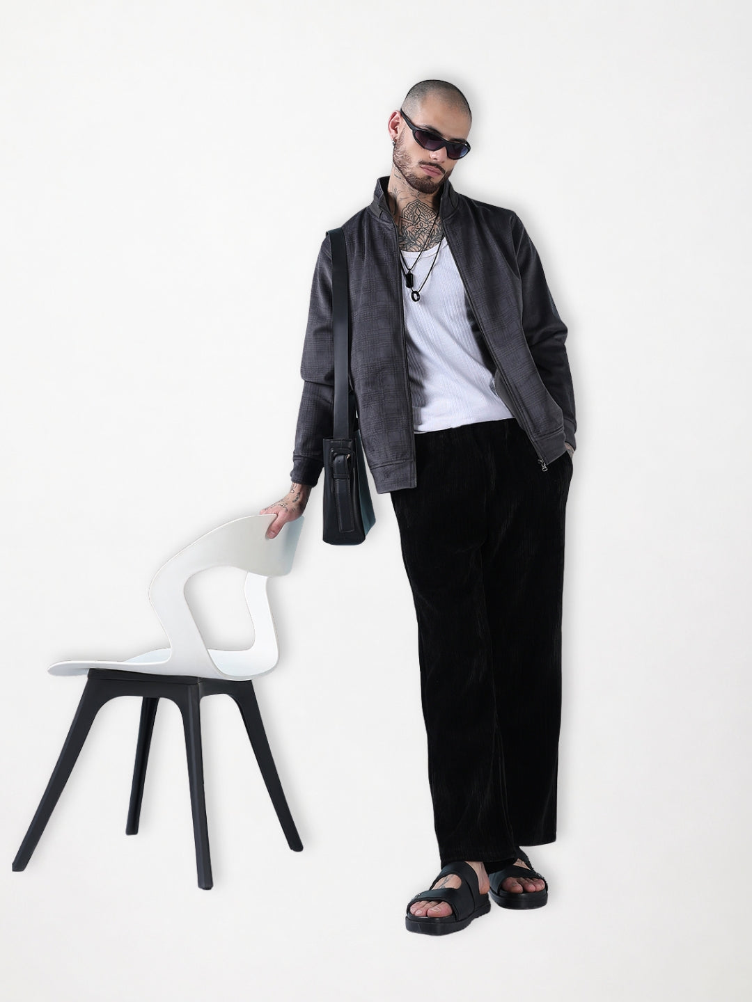 Men's Mock Collar Grey Checked Sporty Jacket