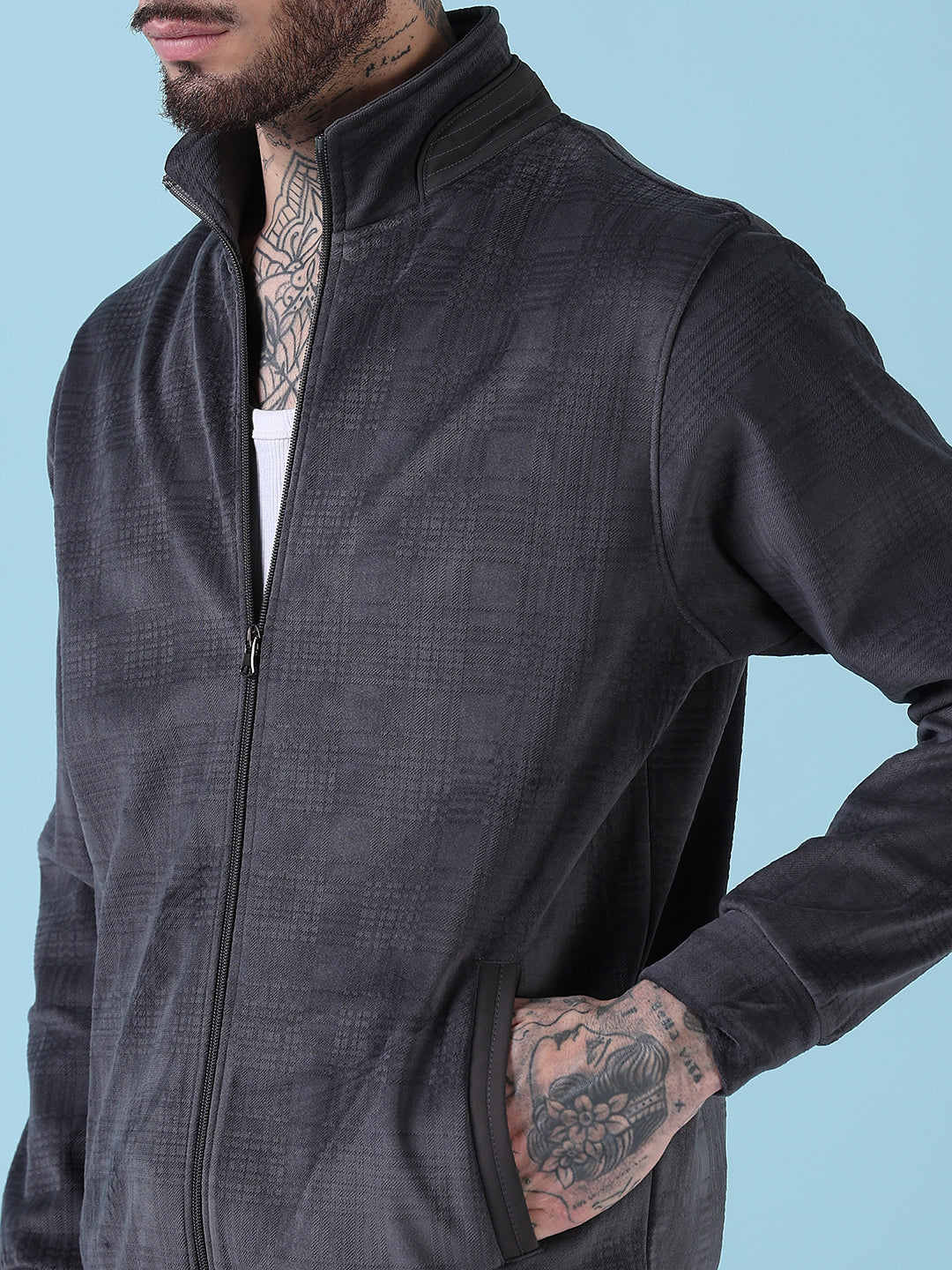 Men's Mock Collar Grey Checked Sporty Jacket