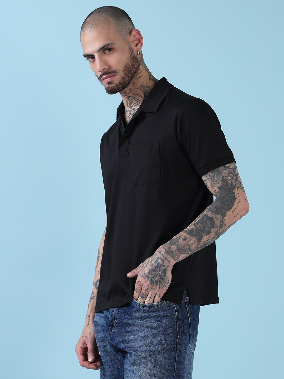 Men's Black Solid Polo Collar T-Shirt