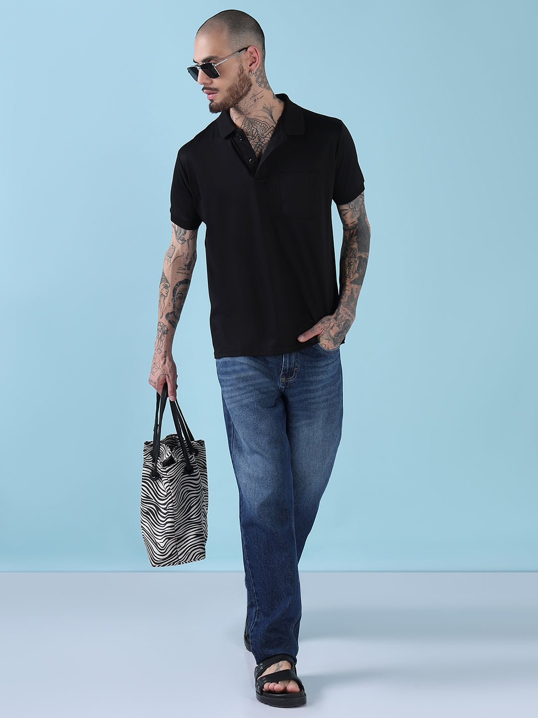 Men's Black Solid Polo Collar T-Shirt