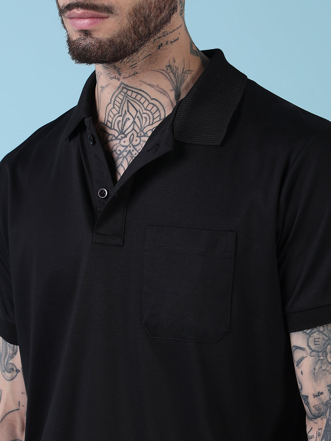Men's Black Solid Polo Collar T-Shirt