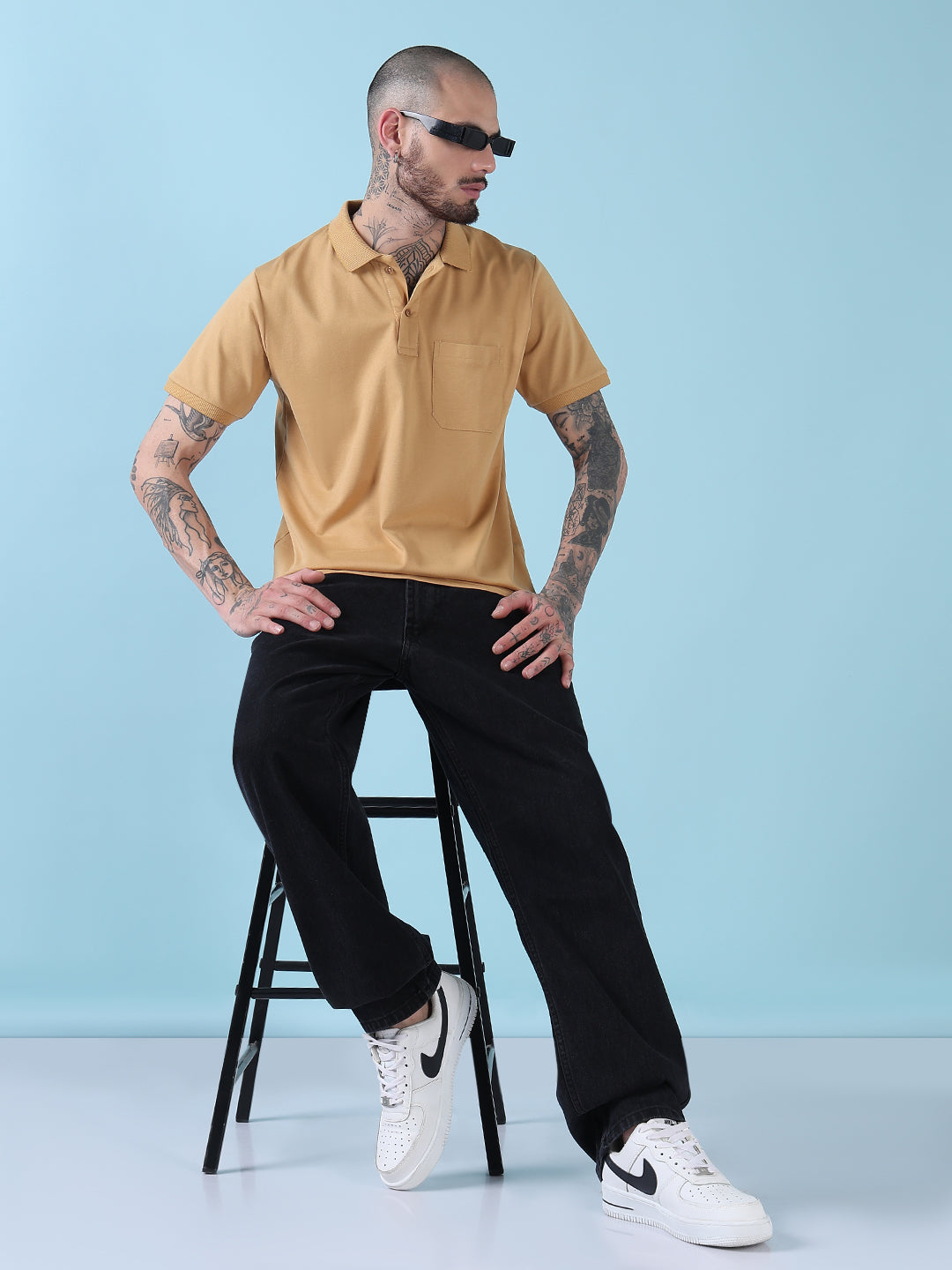 Men's Mustard Solid Polo Collar T-Shirt