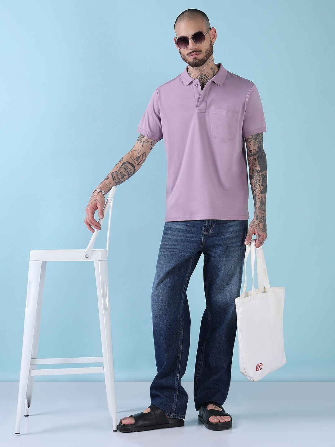 Men's Purple Solid Polo Collar T-Shirt