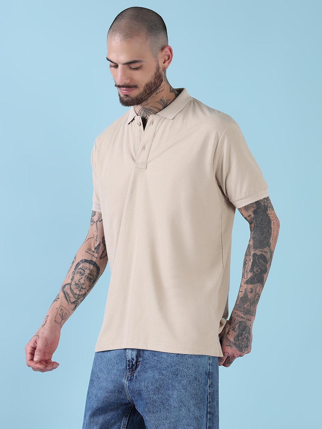 Men's Cream Solid Polo Collar T-Shirt