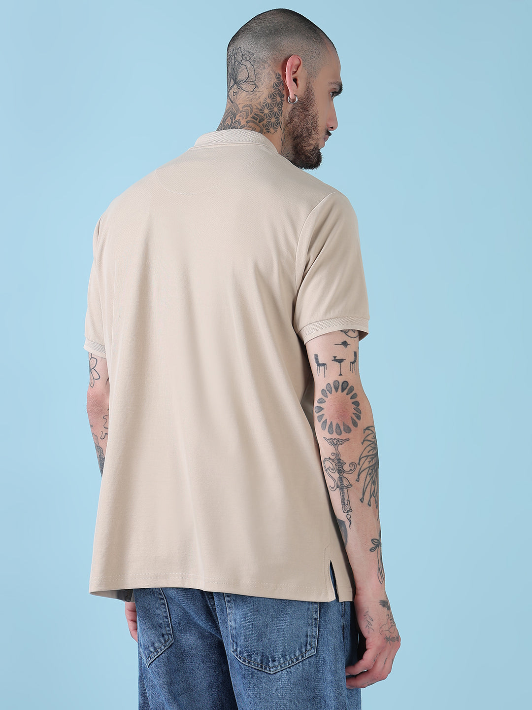 Men's Cream Solid Polo Collar T-Shirt