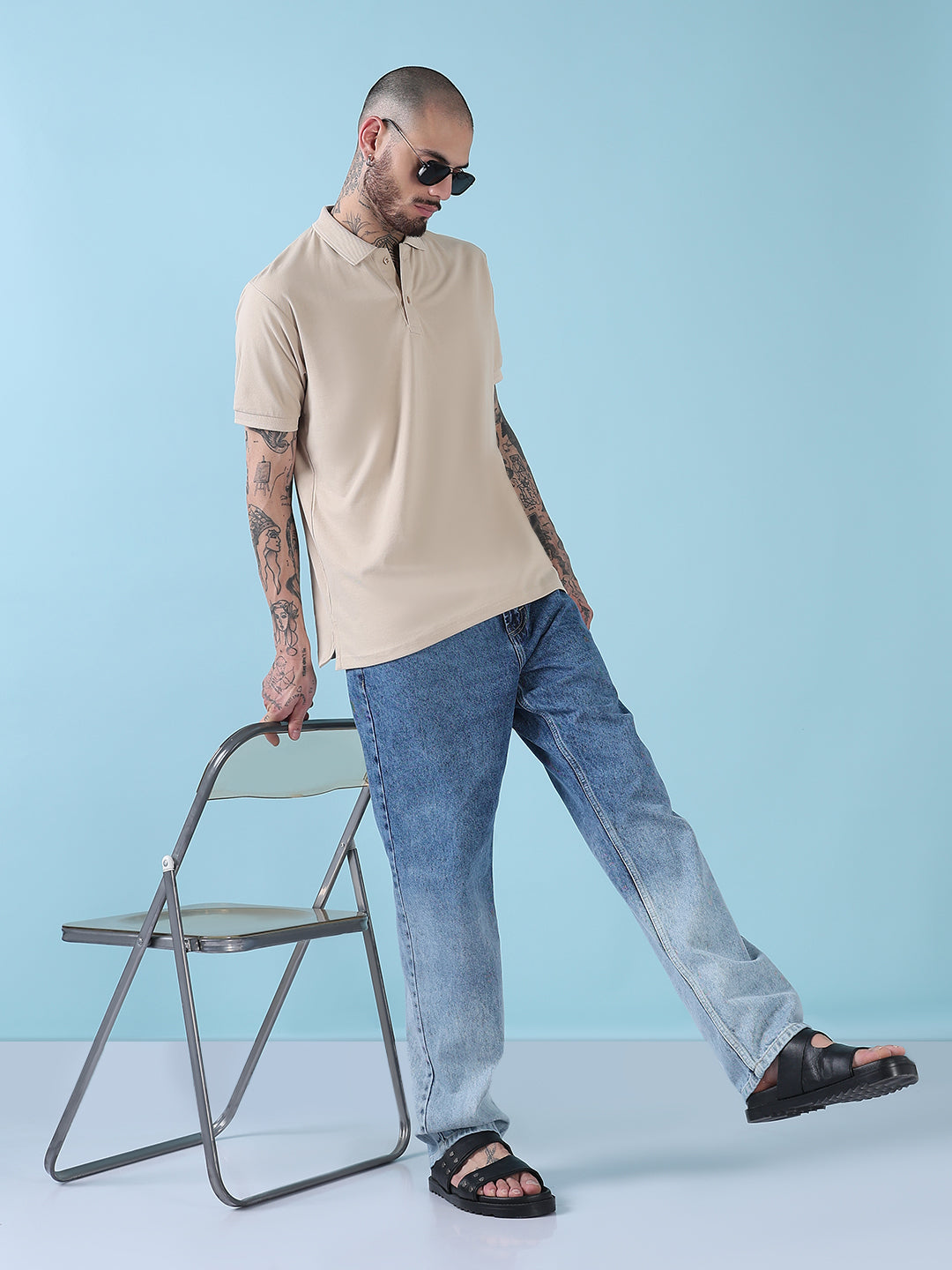 Men's Cream Solid Polo Collar T-Shirt