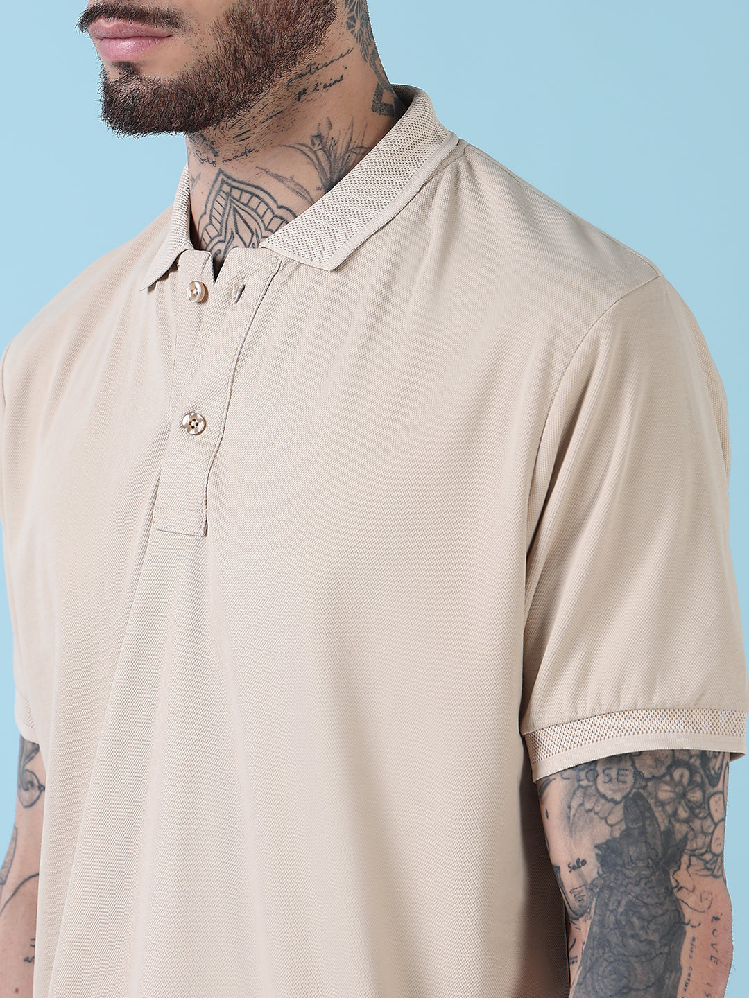 Men's Cream Solid Polo Collar T-Shirt