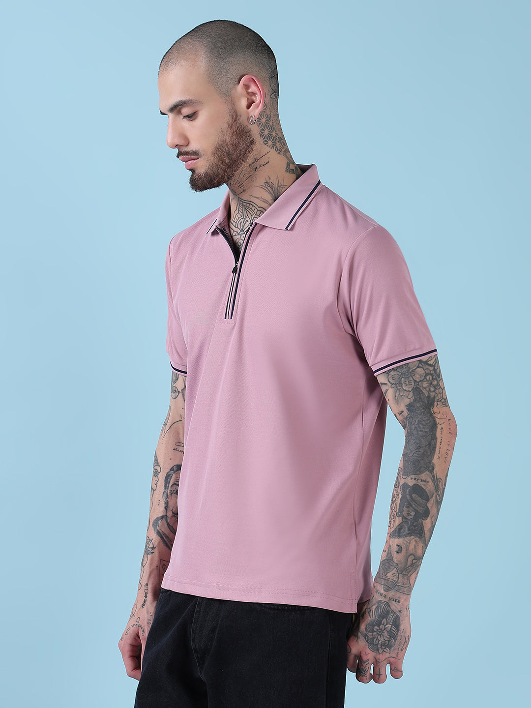 Men's Pink Solid Polo Collar T-Shirt