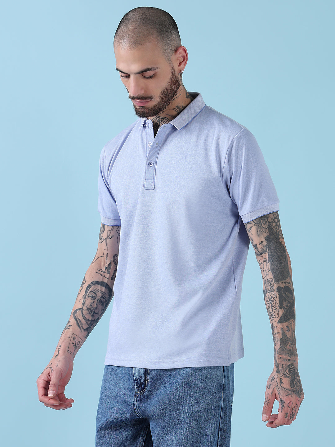 Men's Blue Solid Polo Collar T-Shirt
