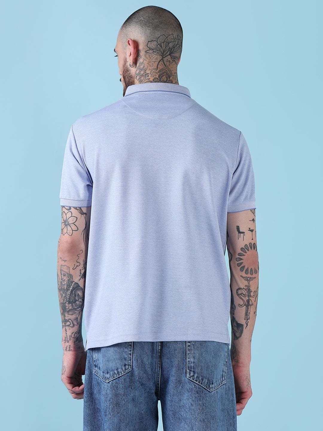 Men's Blue Solid Polo Collar T-Shirt