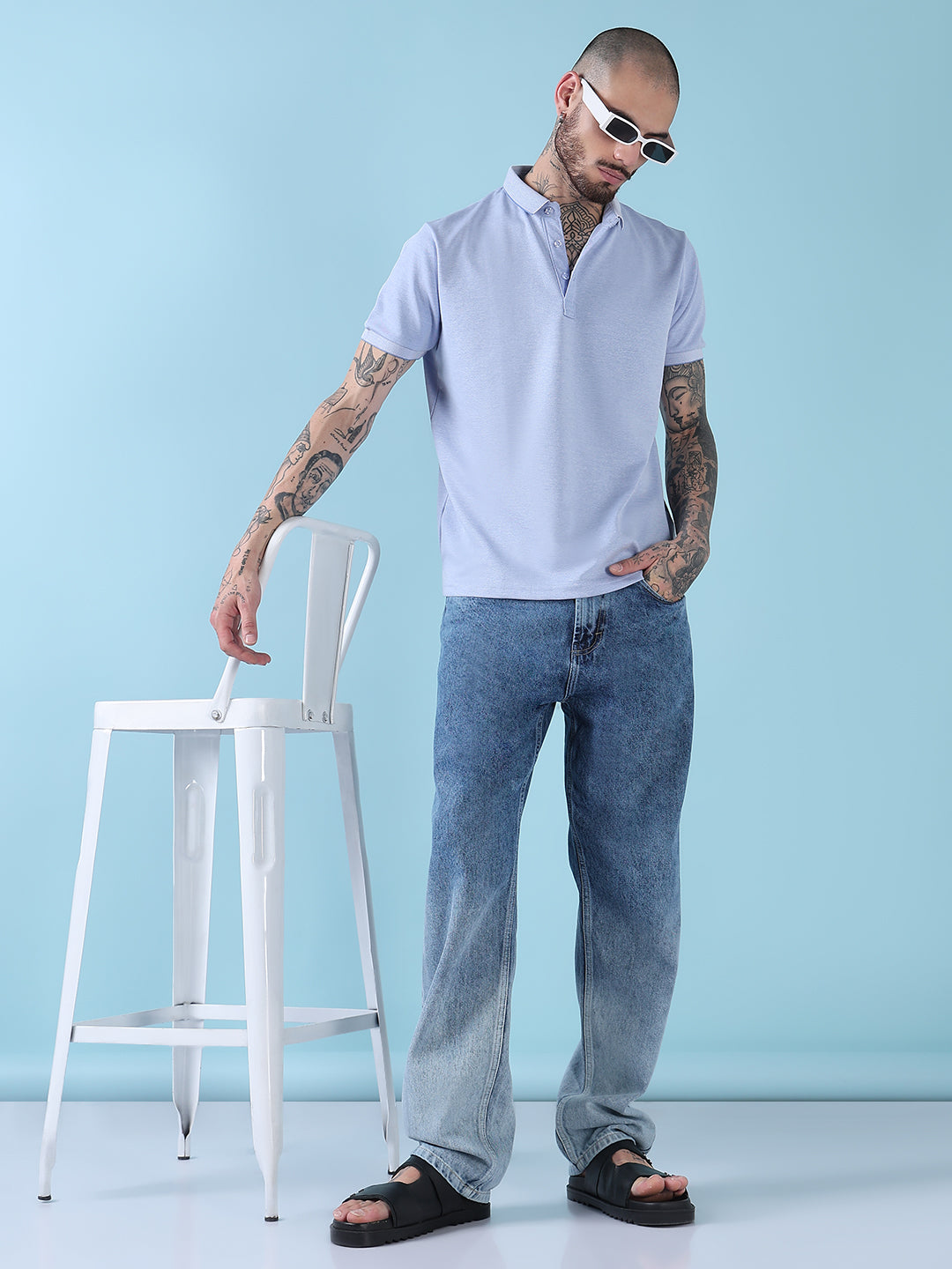 Men's Blue Solid Polo Collar T-Shirt