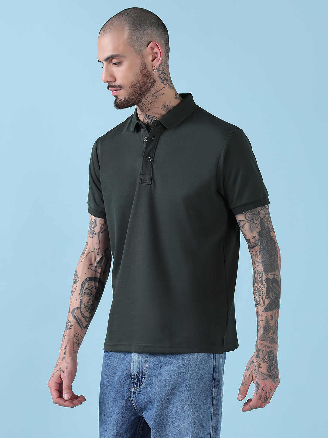 Men's Green Solid Polo Collar Short Sleeves T-Shirt