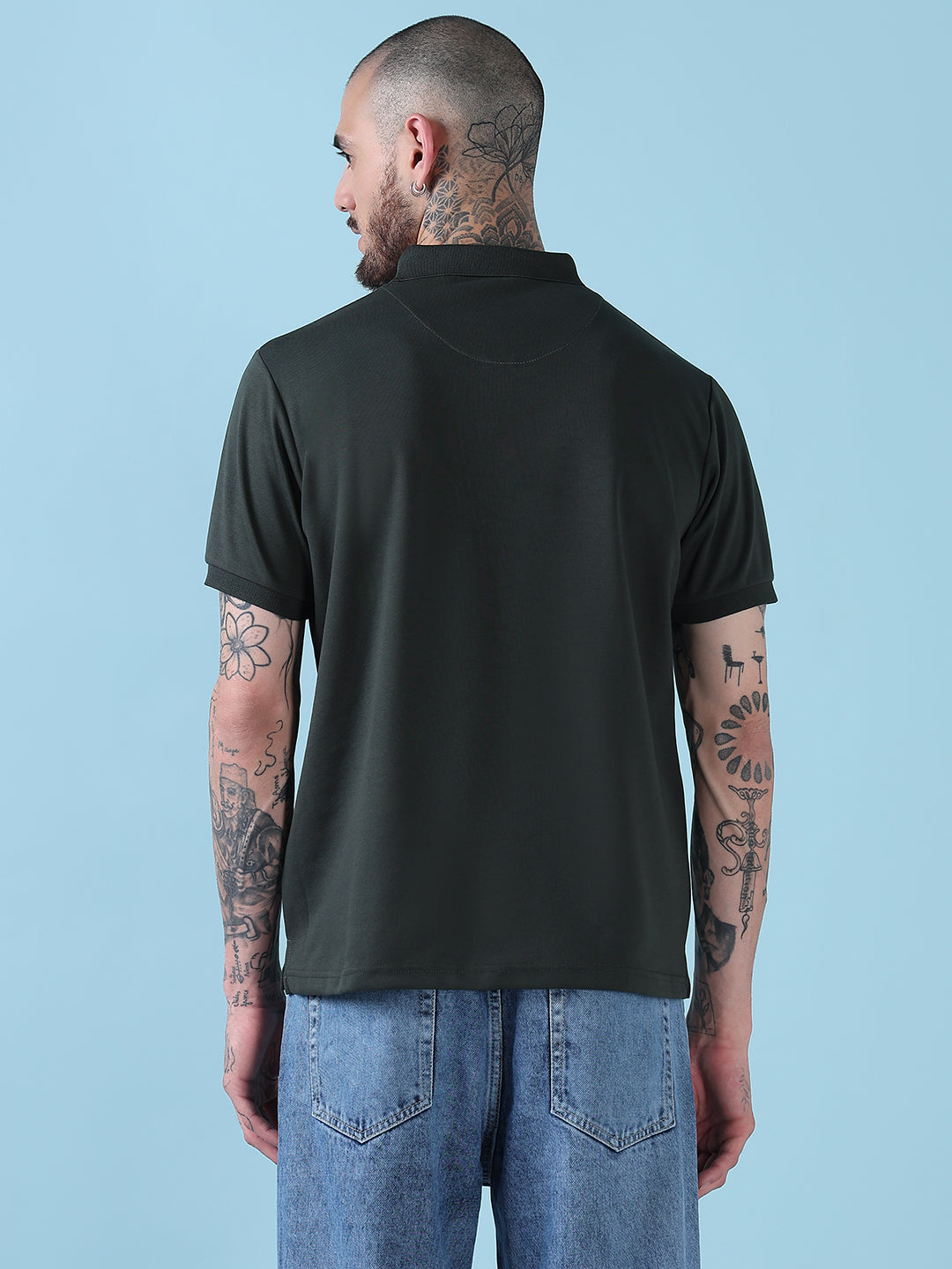 Men's Green Solid Polo Collar Short Sleeves T-Shirt