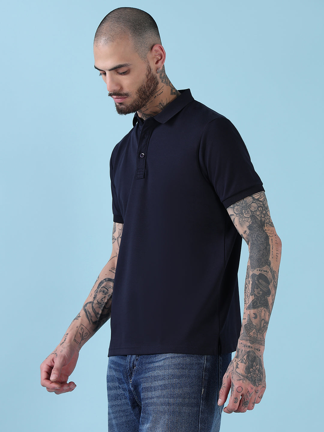 Men's Navy Blue Solid Polo Collar T-Shirt