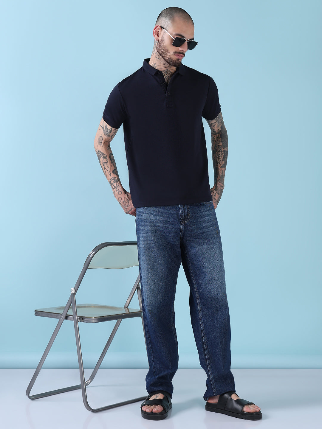 Men's Navy Blue Solid Polo Collar T-Shirt