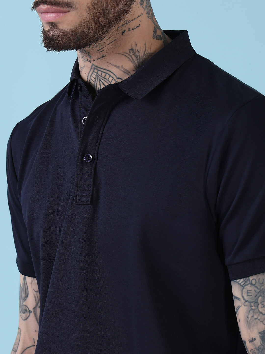 Men's Navy Blue Solid Polo Collar T-Shirt