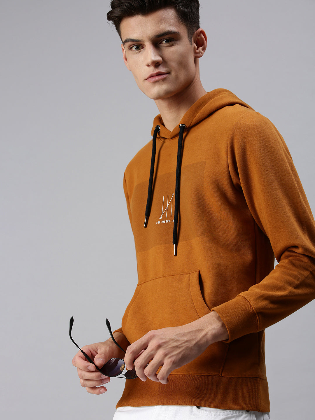 Men Hooded Solid Yellow Sweatshirt