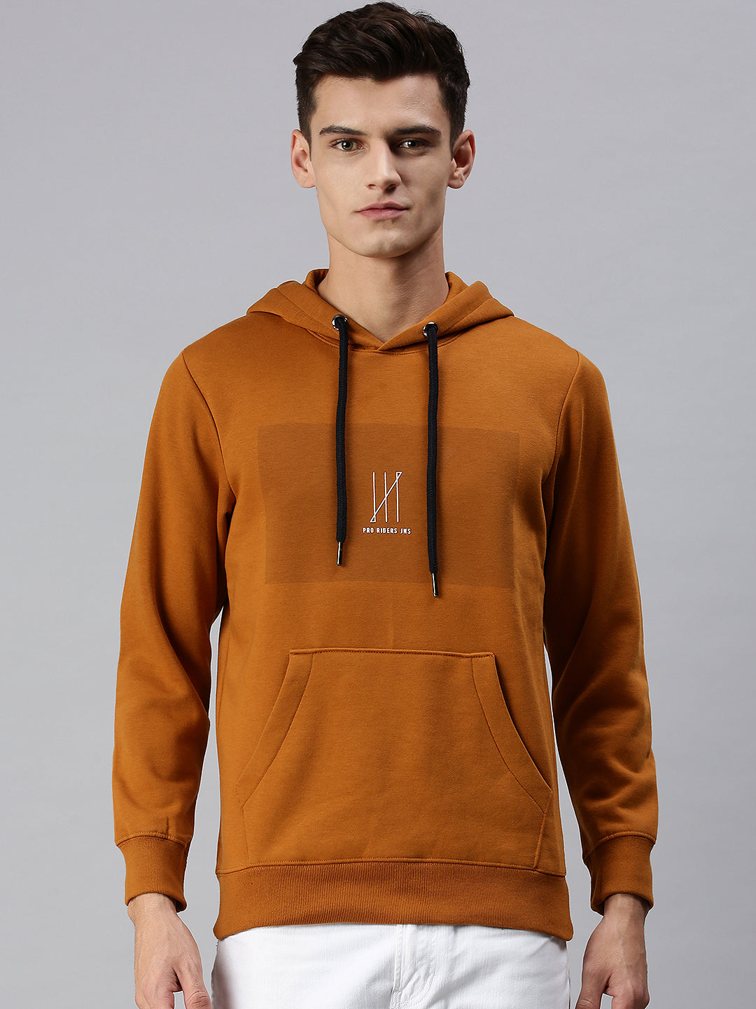 Men Hooded Solid Yellow Sweatshirt