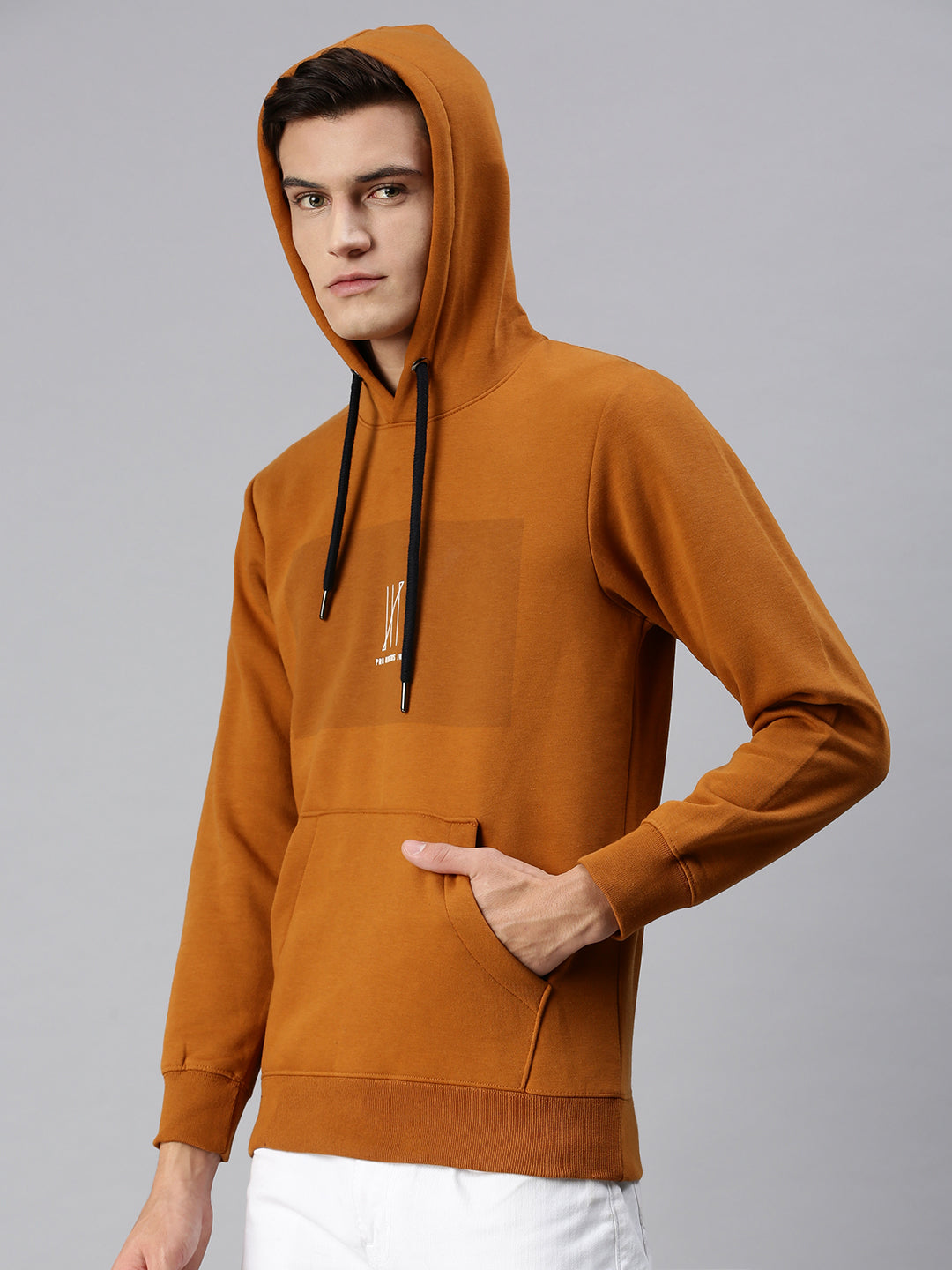 Men Hooded Solid Yellow Sweatshirt