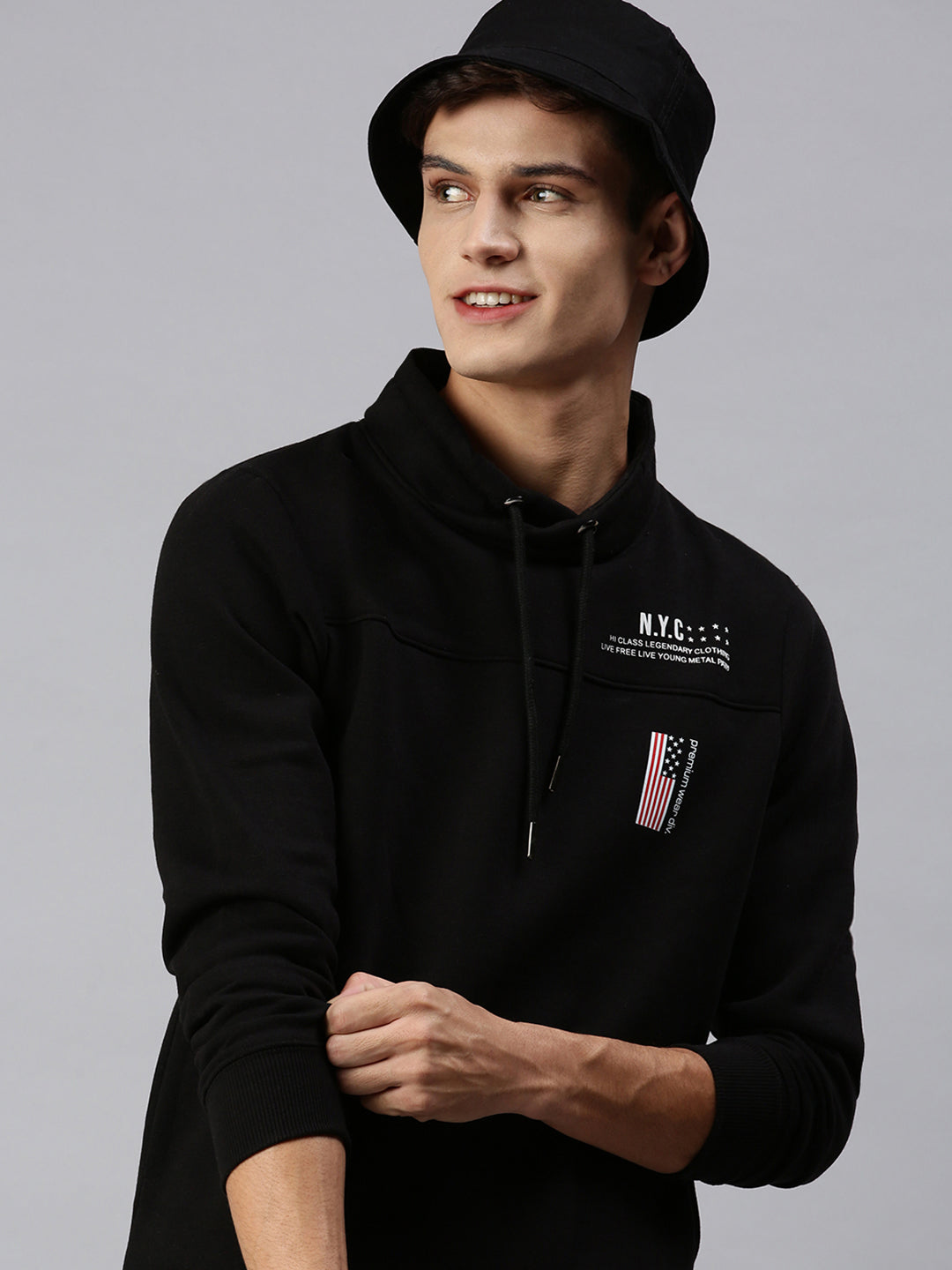 Men Hooded Solid Black Sweatshirt