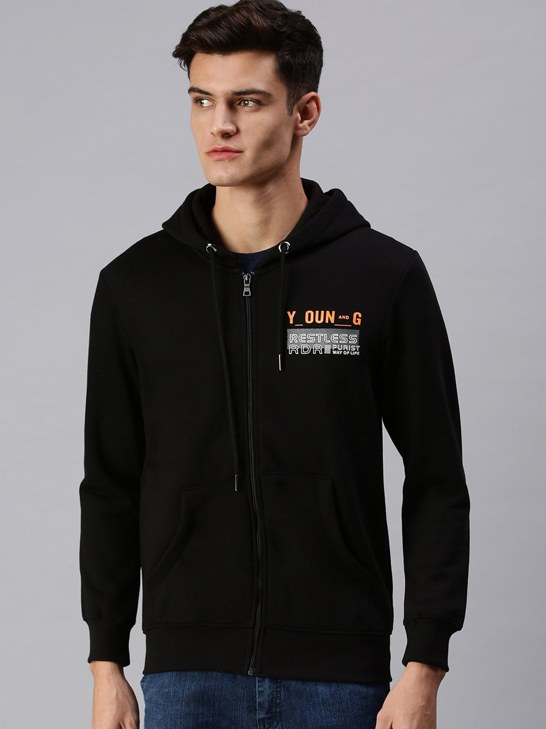 Men Hooded Solid Black Sweatshirt