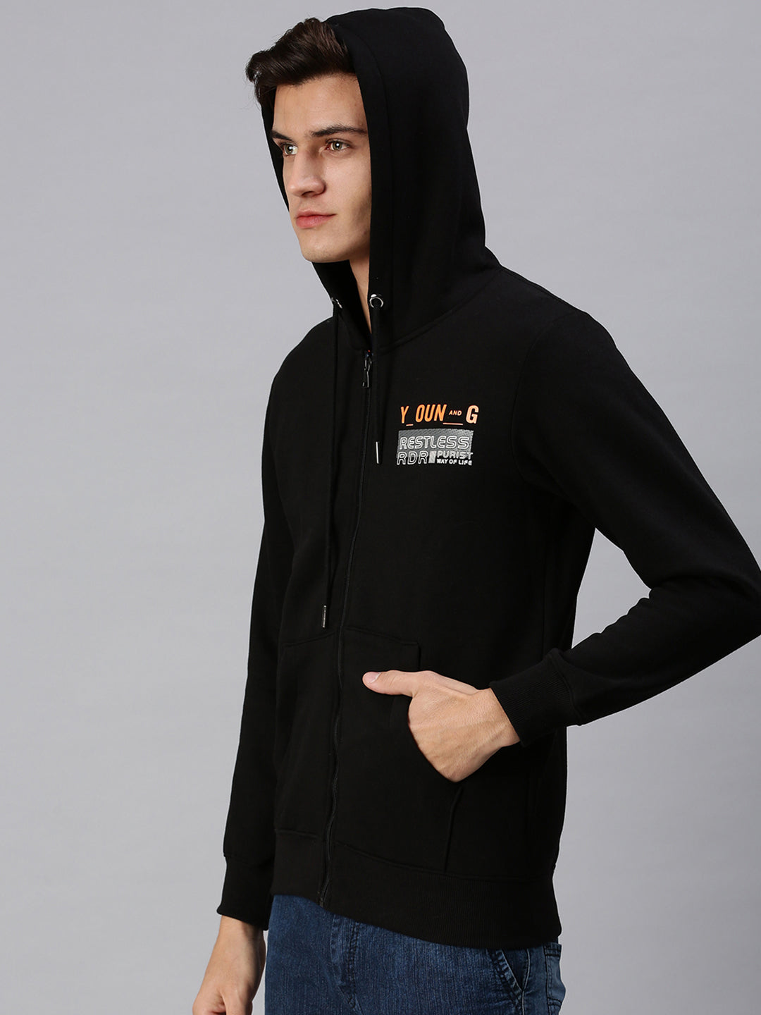 Men Hooded Solid Black Sweatshirt