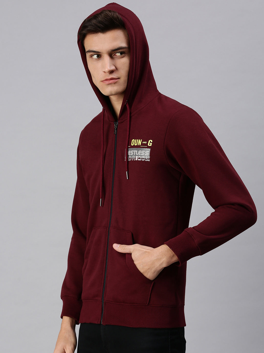 Men Hooded Solid Maroon Sweatshirt