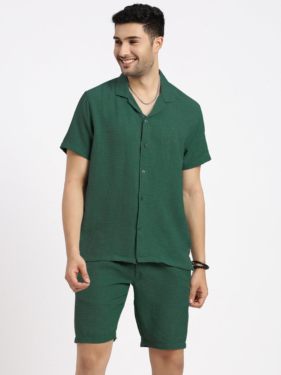 Men's Green Cuban Collar Relaxed Fit Co-Ords Set