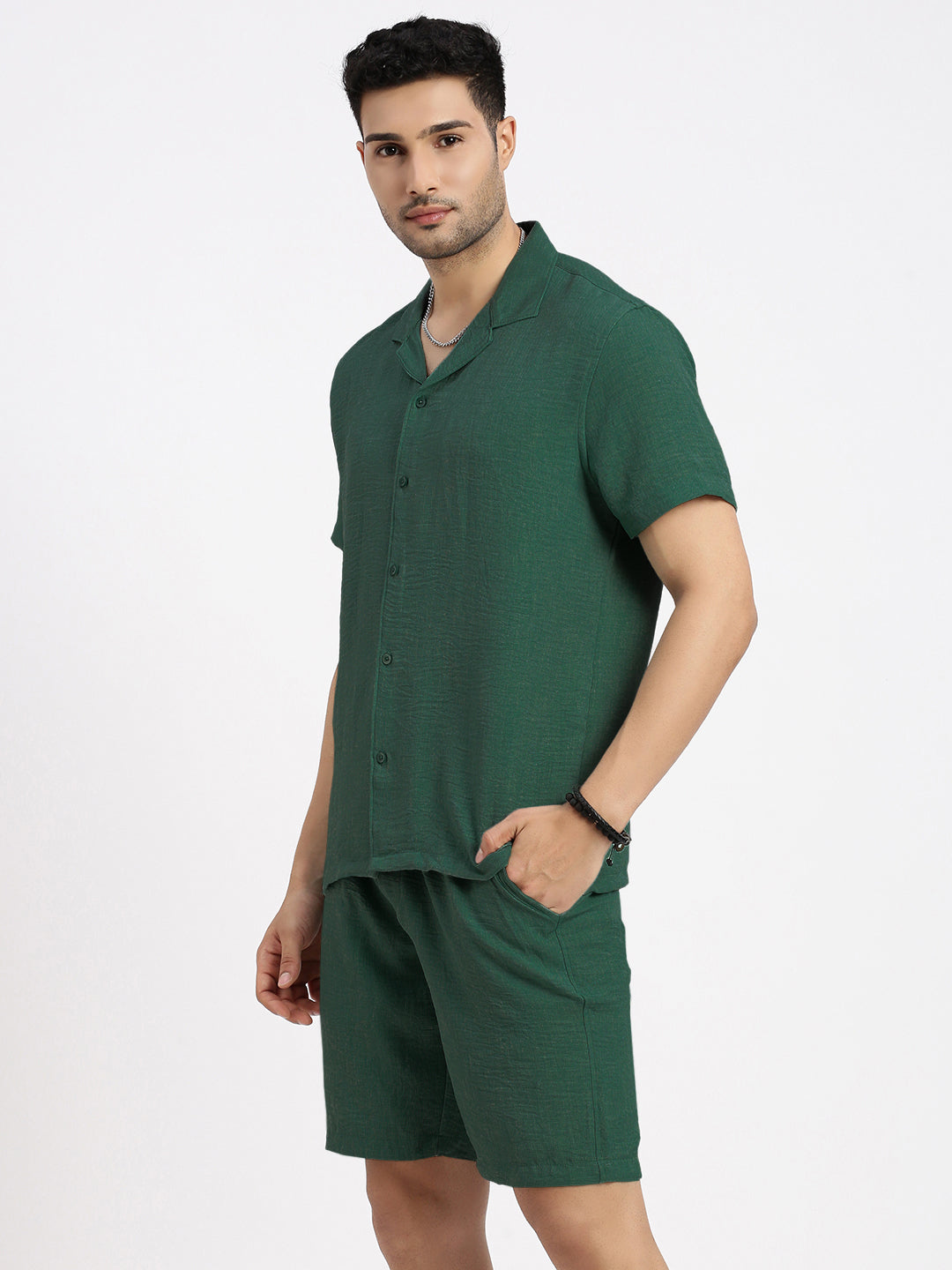 Men's Green Cuban Collar Relaxed Fit Co-Ords Set