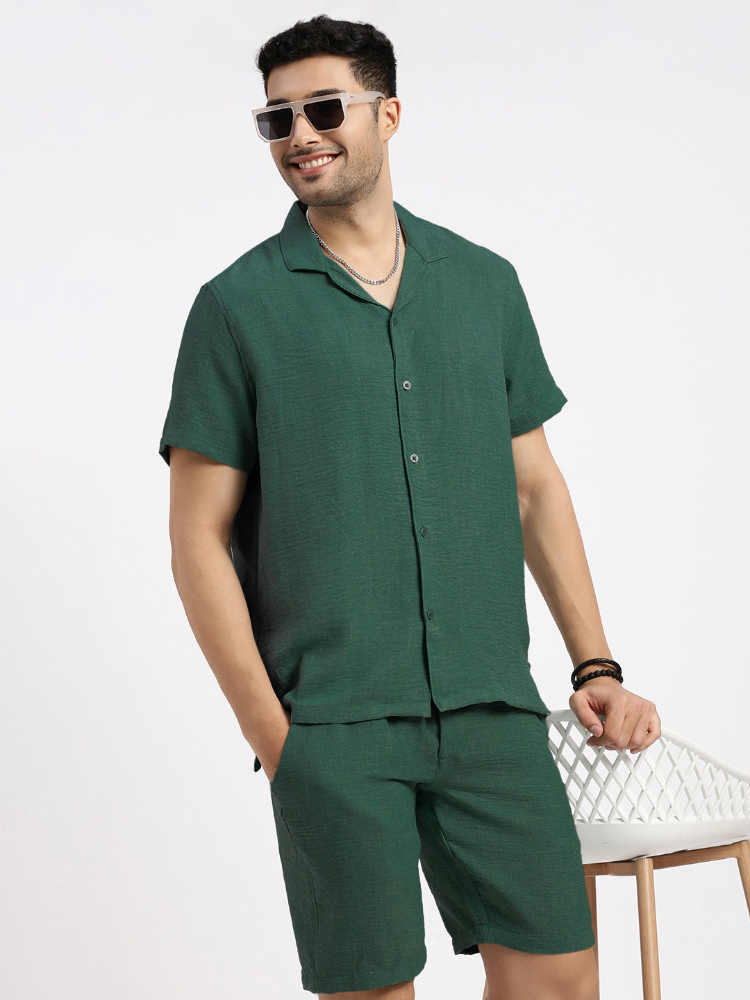 Men's Green Cuban Collar Relaxed Fit Co-Ords Set