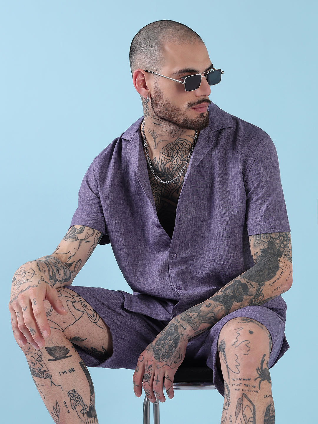 Men's Purple Solid Cuban Collar Relaxed Fit Co-Ords Set