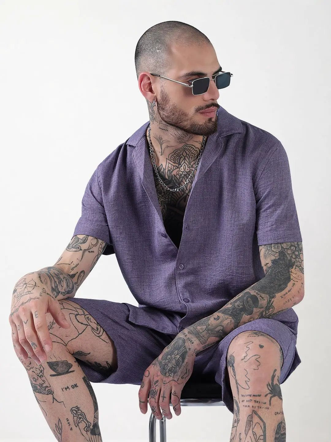 Men's Purple Solid Cuban Collar Relaxed Fit Co-Ords Set - Uncategorized from SHOWOFFFF