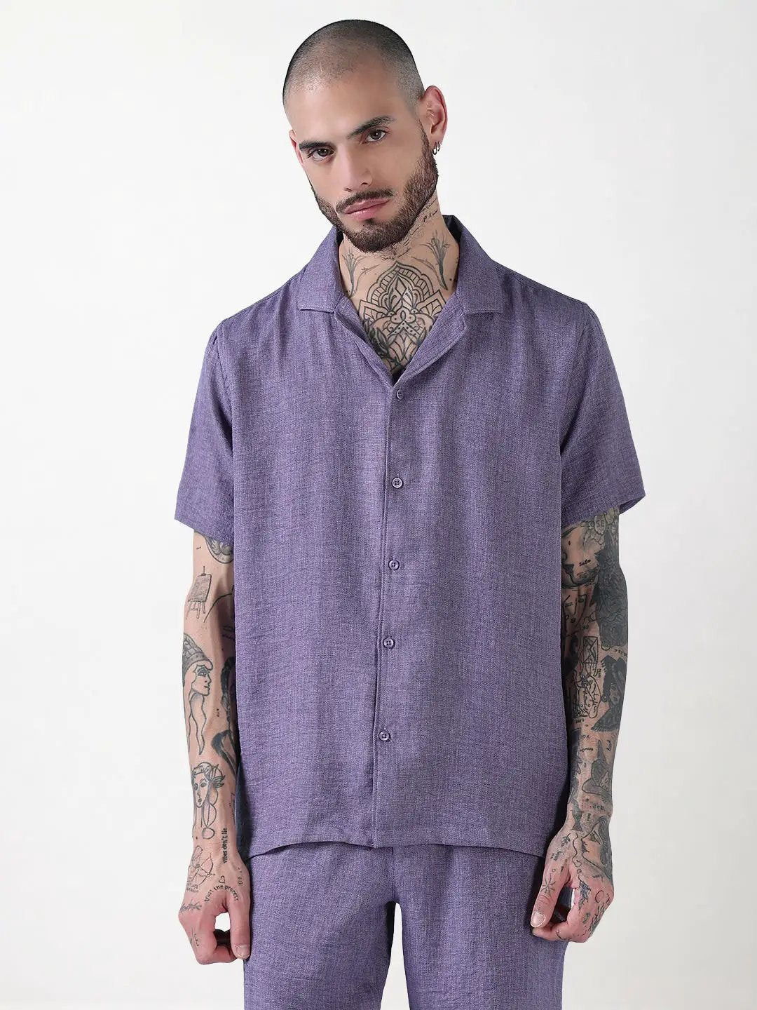 Men's Purple Solid Cuban Collar Relaxed Fit Co-Ords Set - Uncategorized from SHOWOFFFF