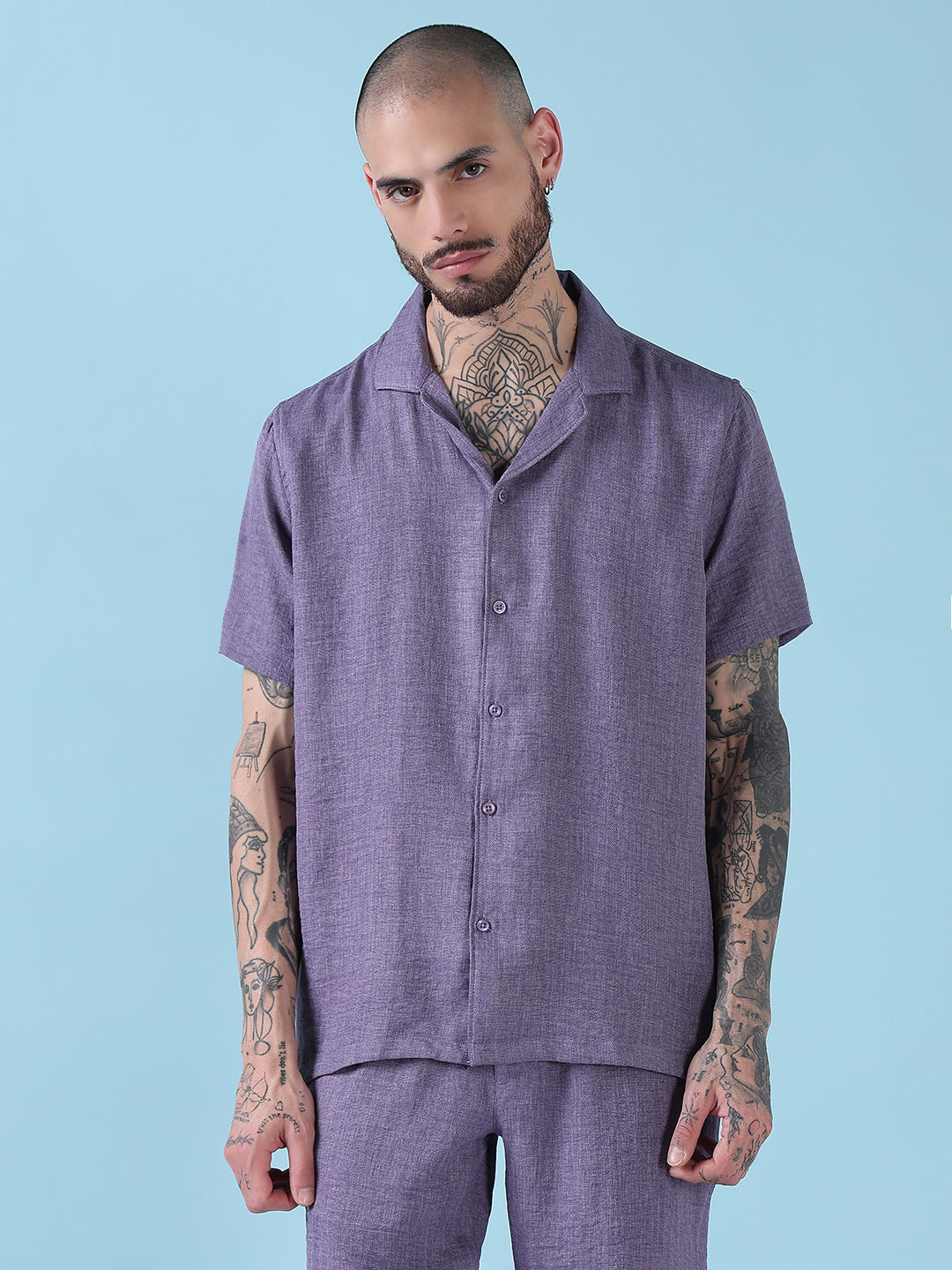 Men's Purple Solid Cuban Collar Relaxed Fit Co-Ords Set